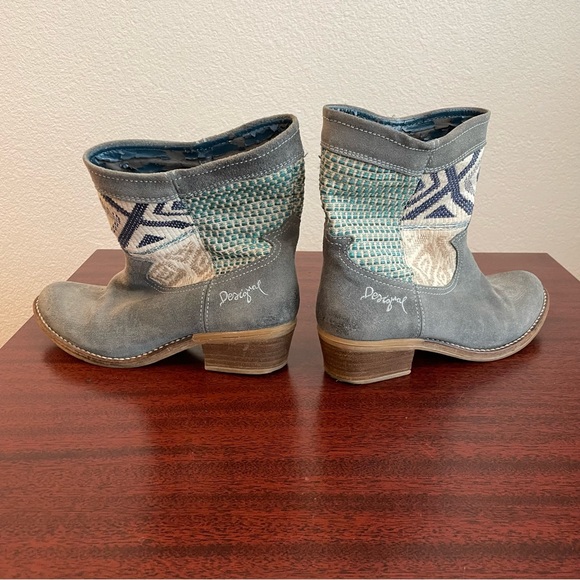 Desigual Western Embroidered Gray Blue Suede Patchwork Multicolor Boots - Picture 2 of 9